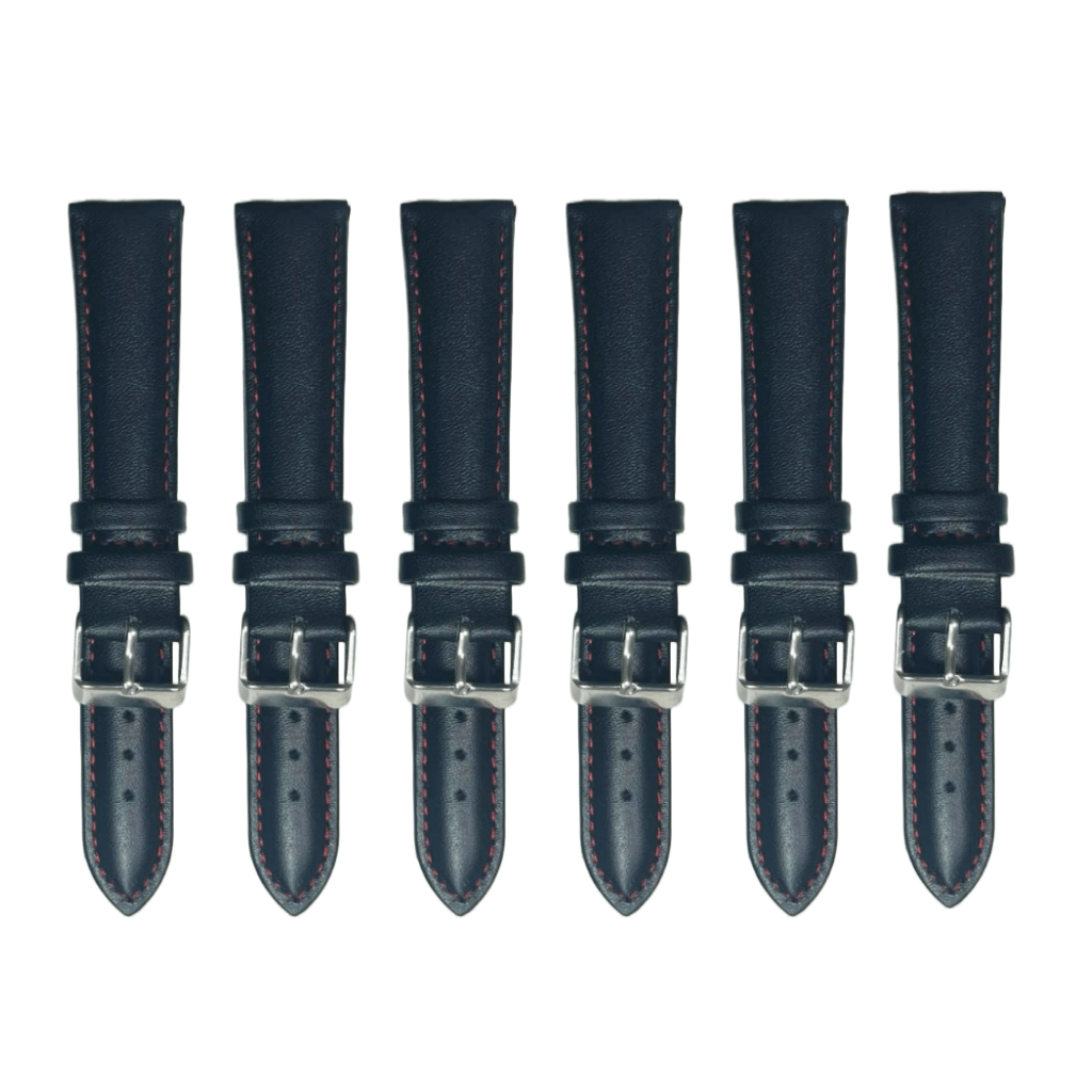 6PCS Black Leather Watch Band Sizes 8MM - 24MM Padded w/RED Stitches - Universal Jewelers & Watch Tools Inc.