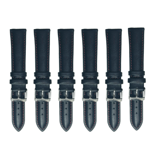 6PCS Black Leather Watch Band Sizes 8MM - 24MM Padded w/RED Stitches - Universal Jewelers & Watch Tools Inc.