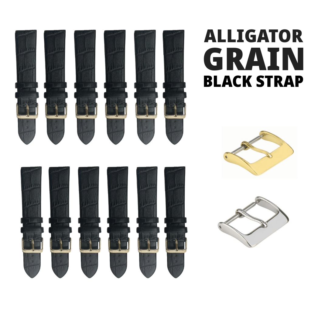12PCS Black Leather Flat Unstitched Alligator Grain Watch Band Sizes 12MM - 24MM - Universal Jewelers & Watch Tools Inc.