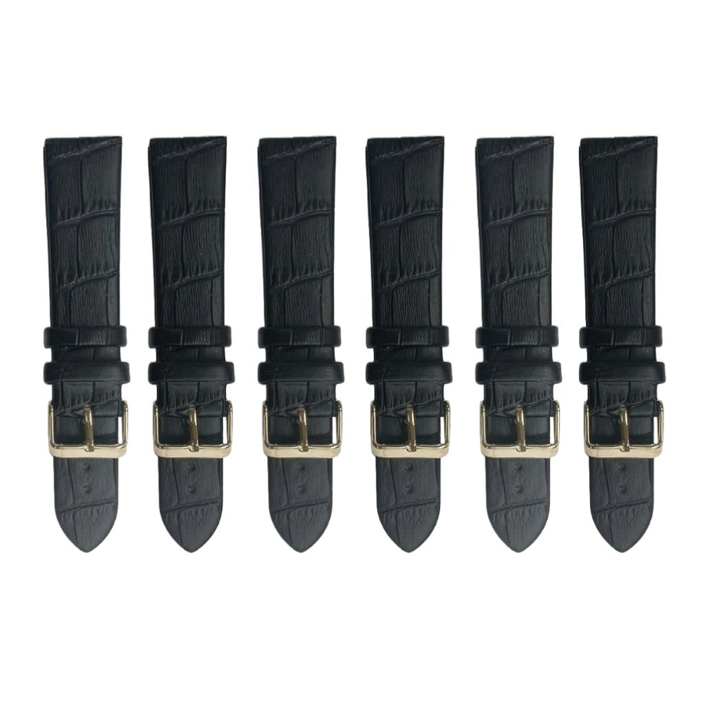 6PCS Black Leather Flat Unstitched Alligator Grain Watch Band Sizes 12MM - 24MM - Universal Jewelers & Watch Tools Inc.