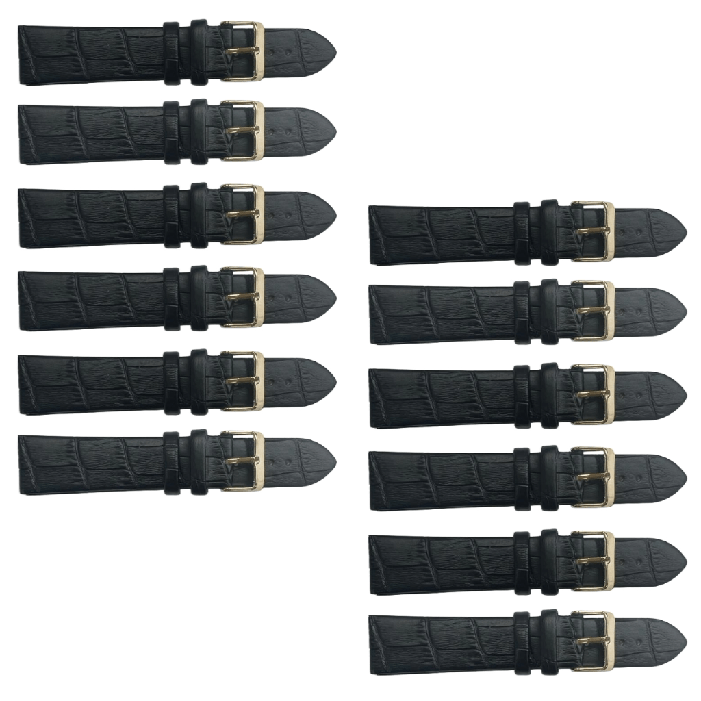 12PCS Black Leather Flat Unstitched Alligator Grain Watch Band Sizes 12MM - 24MM - Universal Jewelers & Watch Tools Inc.