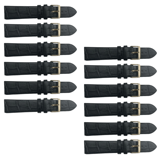 12PCS Black Leather Flat Unstitched Alligator Grain Watch Band Sizes 12MM - 24MM - Universal Jewelers & Watch Tools Inc.