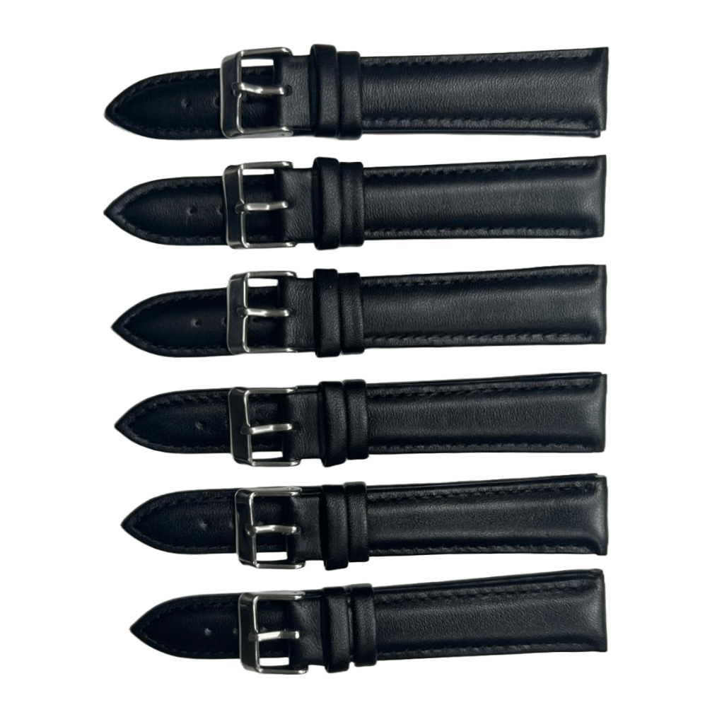 6PCS Black Leather Watch Band Sizes 8MM - 24MM Padded w/Black Stitches - Universal Jewelers & Watch Tools Inc.