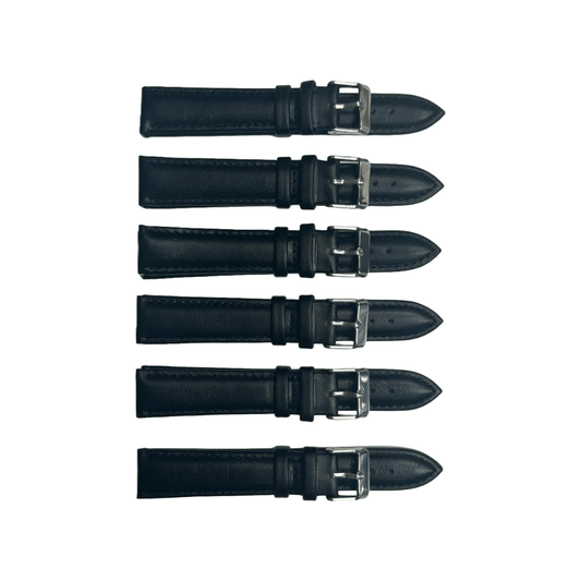 6PCS Black Leather Watch Band Sizes 8MM - 24MM Padded w/Black Stitches - Universal Jewelers & Watch Tools Inc.