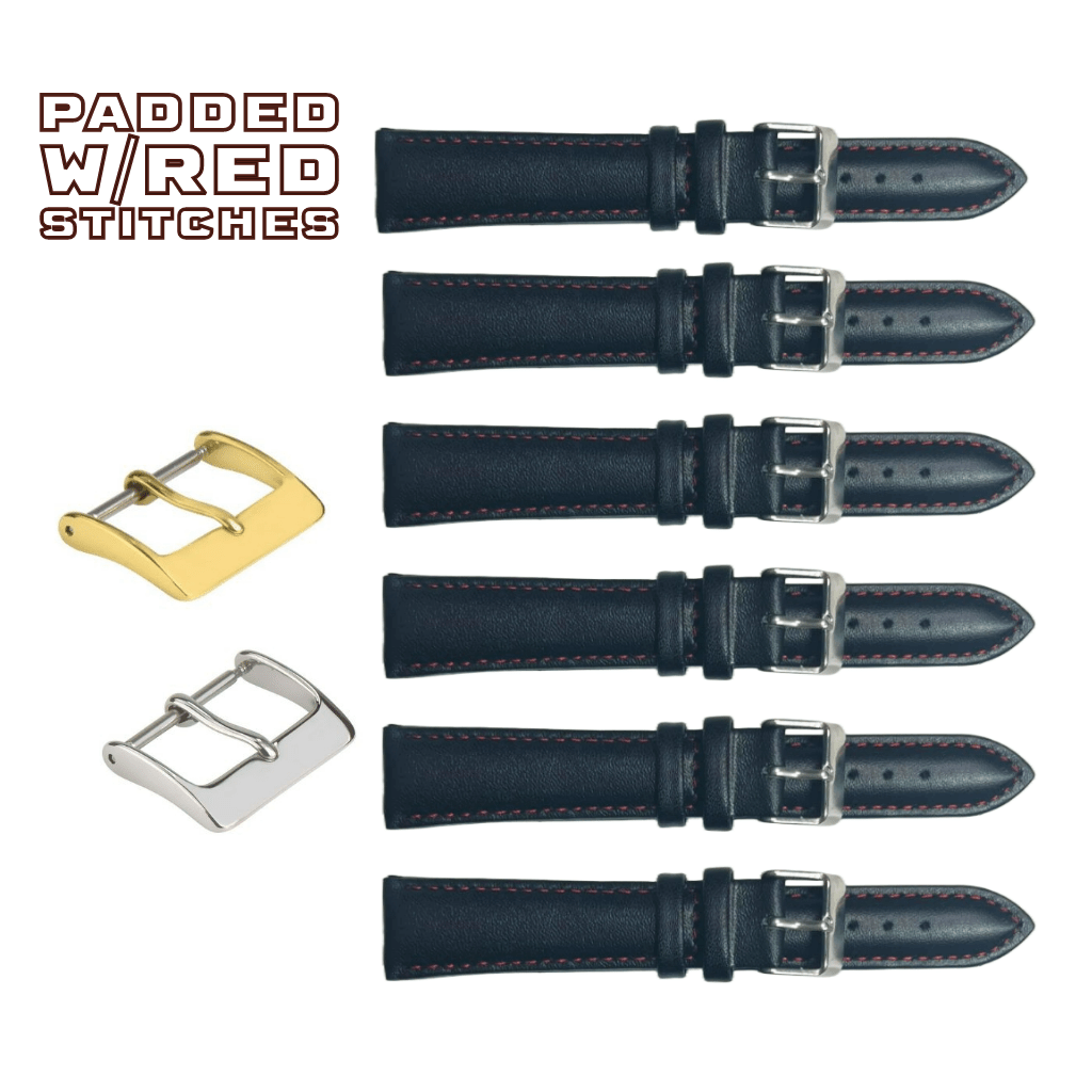 6PCS Black Leather Watch Band Sizes 8MM - 24MM Padded w/RED Stitches - Universal Jewelers & Watch Tools Inc.