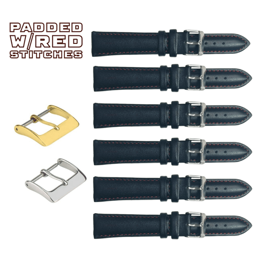 6PCS Black Leather Watch Band Sizes 8MM - 24MM Padded w/RED Stitches - Universal Jewelers & Watch Tools Inc.