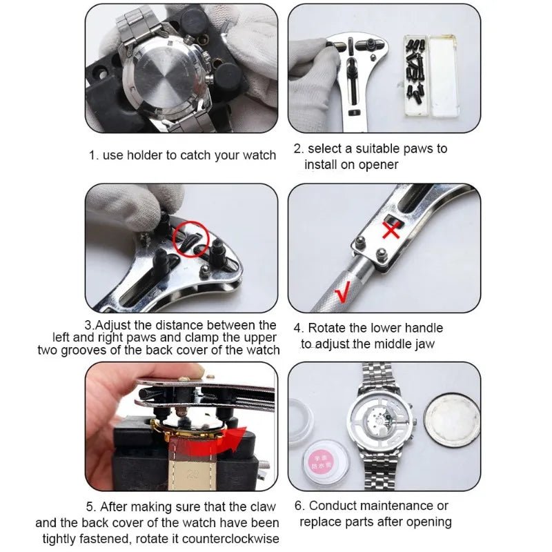 20pcs Watch Repair Tools Opener Steel 4 Type Paws Adjustable Watch Back Cover Opener Backcase open Tool With Movement Holder - Universal Jewelers & Watch Tools Inc.