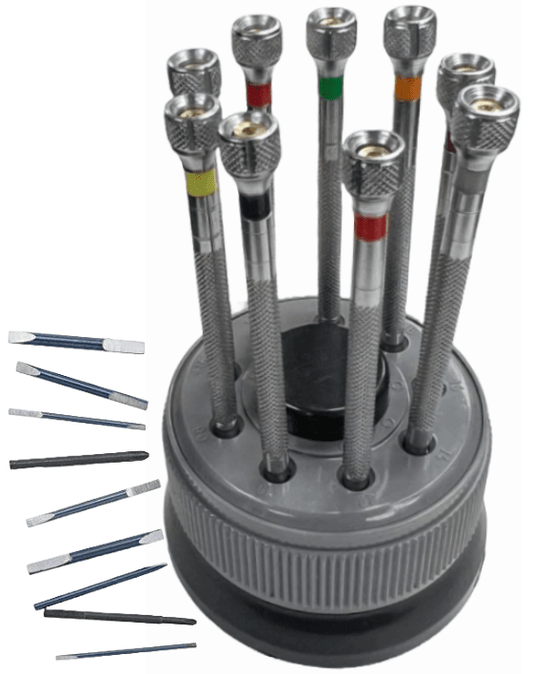 9pcs Watch Repair Tool Top Grade Stainless Screwdrivers w/Rotatable Stand, Watchmaker Tool - Universal Jewelers & Watch Tools Inc.