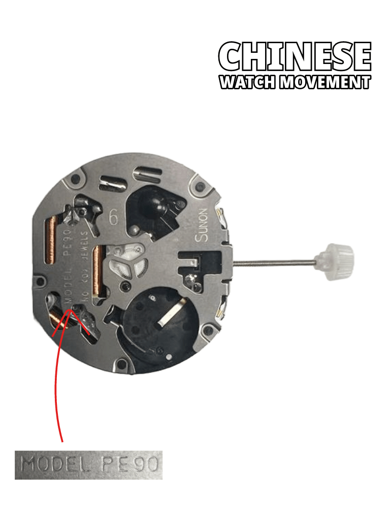 Sunon Chinese Multi Function Watch Movement PE90 - 06 3H and 4EYES Date At 4.30 Overall Height: 6.8mm - Universal Jewelers & Watch Tools Inc.