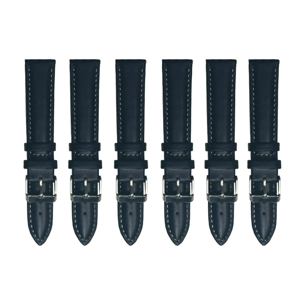6PCS Black Leather Watch Band Sizes 8MM - 24MM Padded w/White Stitches - Universal Jewelers & Watch Tools Inc.