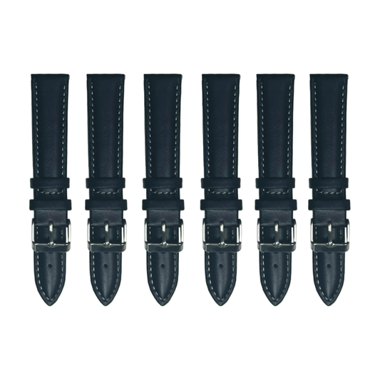 6PCS Black Leather Watch Band Sizes 8MM - 24MM Padded w/White Stitches - Universal Jewelers & Watch Tools Inc.
