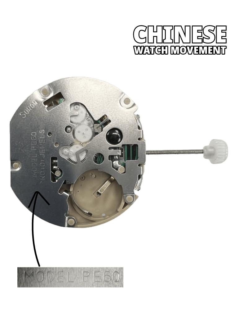 Sunon Chinese Watch Movement PE - 602 3H and 3EYES Date At 4.30 Chrono Center Second Overall Height: 6.8mm - Universal Jewelers & Watch Tools Inc.