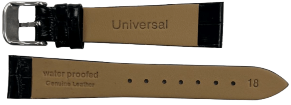 1PC Black Leather Flat Unstitched Alligator Grain Watch Band Size 18MM - Universal Jewelers & Watch Tools Inc.