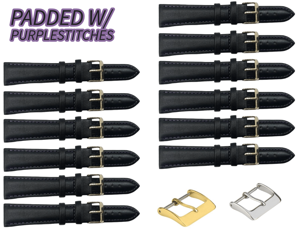 12PCS Black Leather Watch Band Sizes 8MM - 24MM Padded w/PURPLE Stitches - Universal Jewelers & Watch Tools Inc.