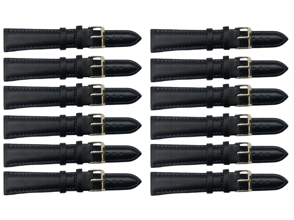 12PCS Black Leather Watch Band Sizes 8MM - 24MM Padded w/PURPLE Stitches - Universal Jewelers & Watch Tools Inc.