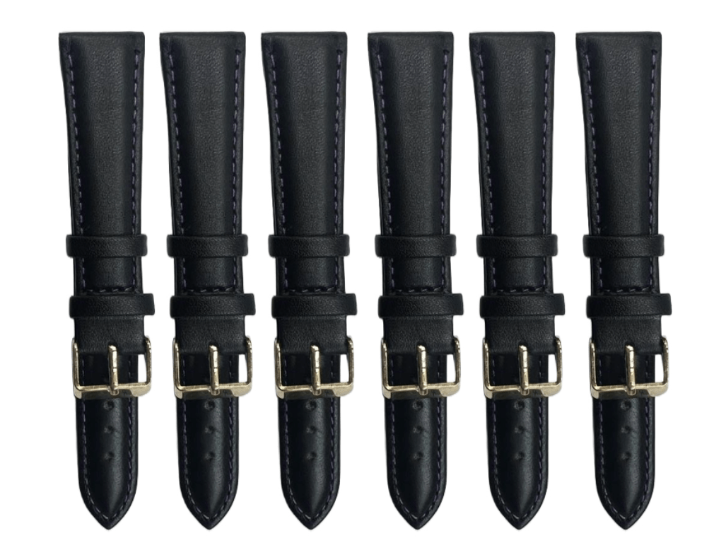 6PCS Black Leather Watch Band Sizes 8MM - 24MM Padded w/PURPLE Stitches - Universal Jewelers & Watch Tools Inc.