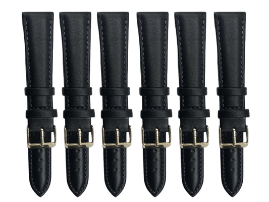 6PCS Black Leather Watch Band Sizes 8MM - 24MM Padded w/PURPLE Stitches - Universal Jewelers & Watch Tools Inc.