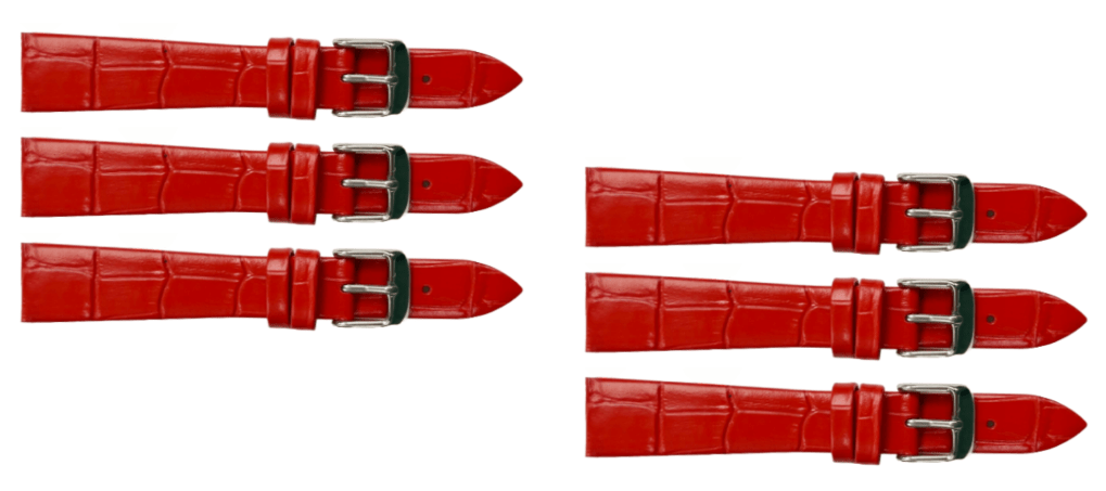 Lot of 6PCS Candy Red Leather Flat Unstitched Alligator Grain Watch Band Size 18MM - Universal Jewelers & Watch Tools Inc.
