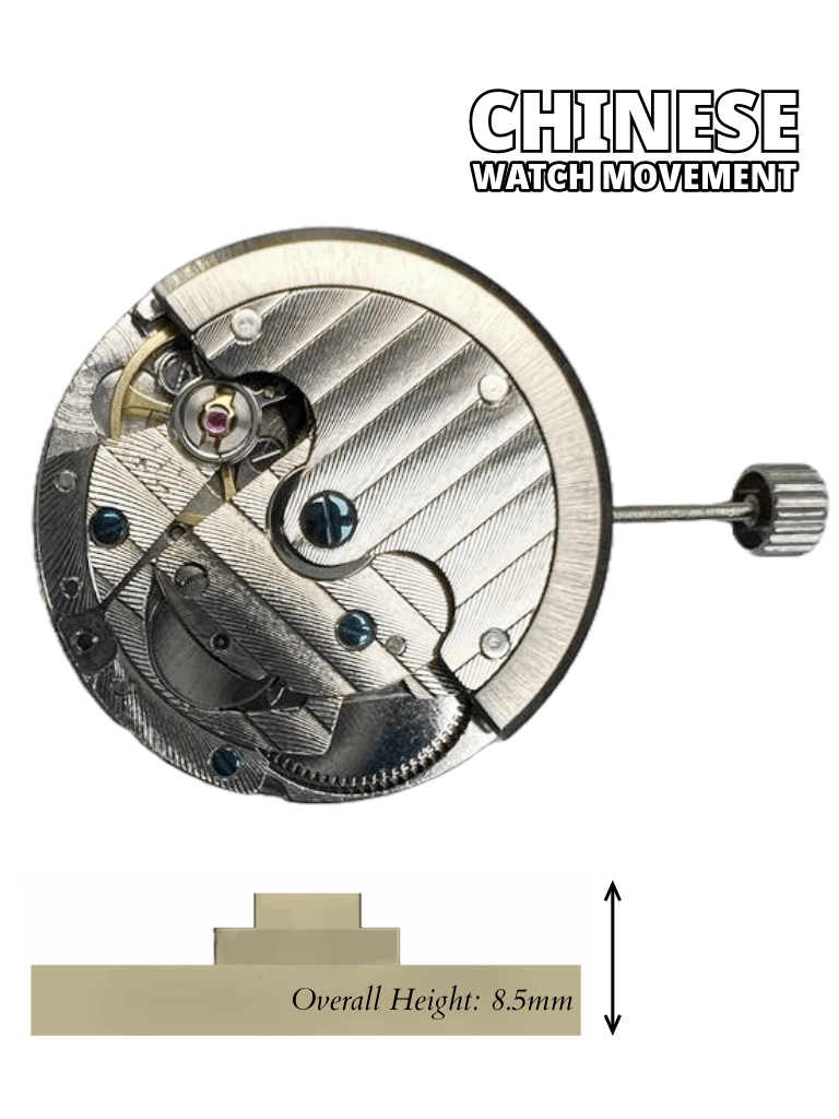 Chinese Automatic Mechanical Watch Movement TY2868 3Hand 3EYE Date at 6.00 Overall Height 8.5mm - Universal Jewelers & Watch Tools Inc.