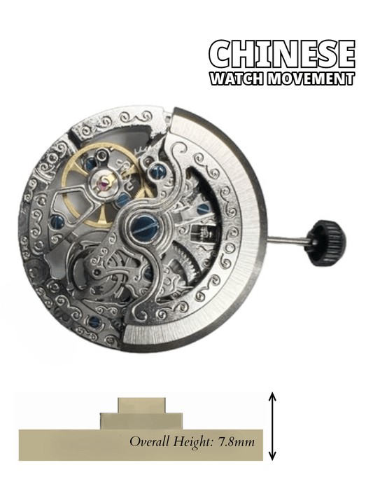 Chinese Watch Movement Automatic Skeleton Mechanical TY2807 3Hands Overall Height 7.8mm - Universal Jewelers & Watch Tools Inc.