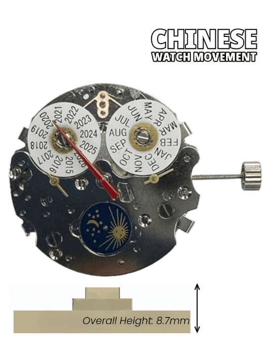 Chinese Watch Movement Automatic Mechanical TY2872 3Hands, 3 EYES, Sun & Moon Overall Height 8.7mm - Universal Jewelers & Watch Tools Inc.