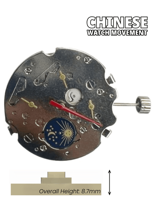Chinese Watch Movement Automatic Mechanical TY2876 Date at 3:00, 4EYES, Sun & Moon Overall Height 8.7mm - Universal Jewelers & Watch Tools Inc.