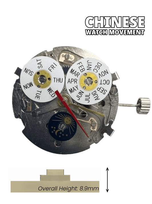 Chinese Watch Movement Automatic Mechanical TY2886S 3Hand, 1Eye, Week/Month, Sun & Moon Overall Height 8.9mm - Universal Jewelers & Watch Tools Inc.
