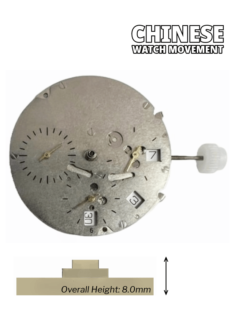 Chinese Automatic Watch Movement DG3836 - 4.5D 3Hands, 3Eyes, Date at 4:30, Dual time Overall Height 8.0mm - Universal Jewelers & Watch Tools Inc.