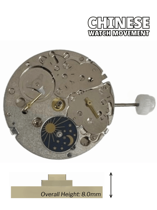 Chinese Automatic Watch Movement DG3847B 3Hands, 4Eyes, Sun/Moon, Overall Height 8.0mm - Universal Jewelers & Watch Tools Inc.