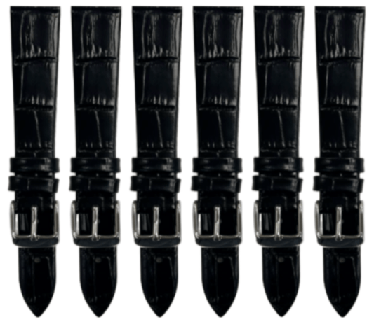 Lot of 6PCS Black Leather Flat Unstitched Alligator Grain Watch Band Size 18MM - Universal Jewelers & Watch Tools Inc.