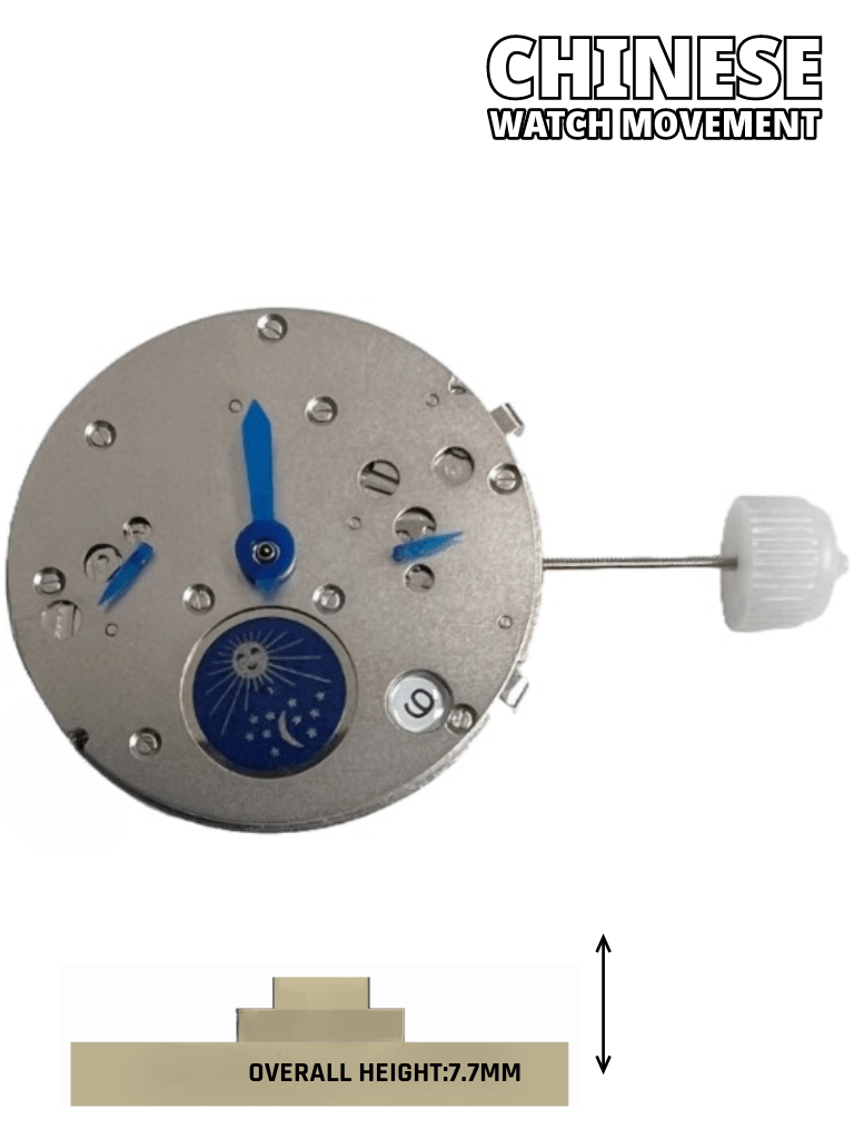 Chinese Automatic Mechanical Watch Movement ST10,Shanghai JHB08 3Hands, Small Second hand at 3,6,9 Date at:4:00 Overall Height 7.7mm - Universal Jewelers & Watch Tools Inc.