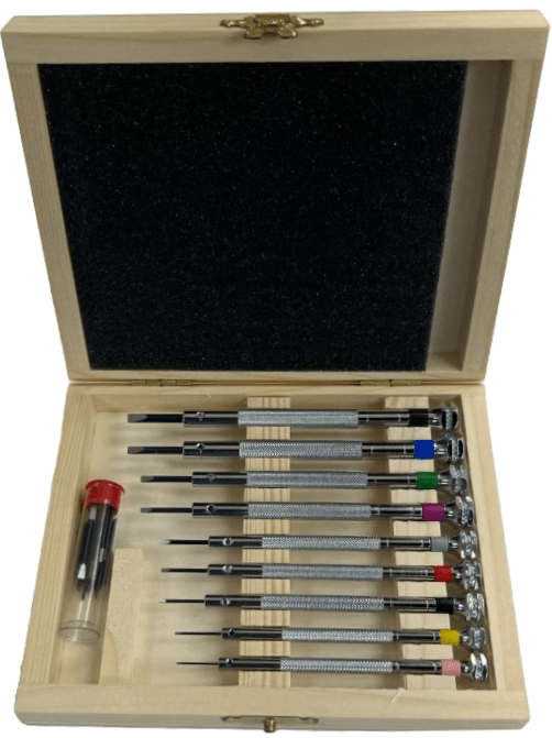 Screwdriver Set in Wooden Box 9 Piece kit Watch and Jewelry (0.60 - 3.00)mm, Watchmaker Tools - Universal Jewelers & Watch Tools Inc.