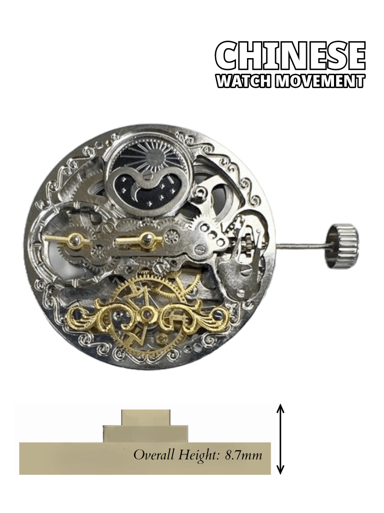 Chinese Automatic Double Barrels Watch Movement Z - 2034 2H at center Overall Height 8.7mm - Universal Jewelers & Watch Tools Inc.