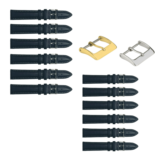 12PCS Black Leather Watch Band Sizes 8MM - 24MM Padded w/White Stitches - Universal Jewelers & Watch Tools Inc.