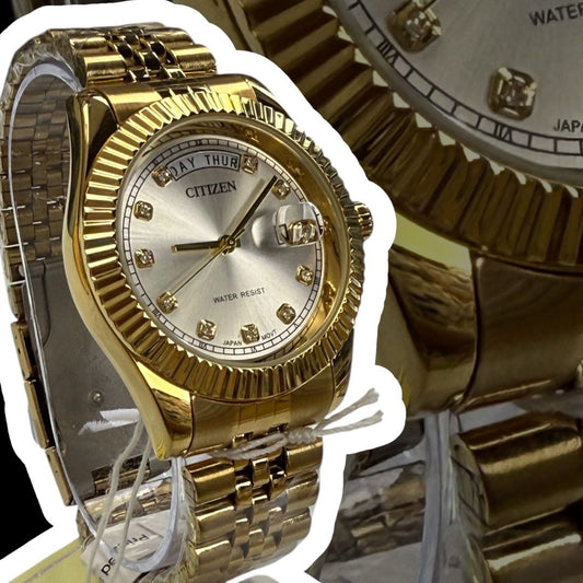 Citizen Gold 41mm Day Date Jubilee All Gold/Chrome Dial With Diamonds - Universal Jewelers & Watch Tools Inc.