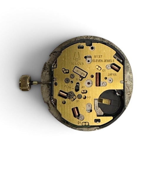 Bulova 8137 Curve Watch Movement Stem & Gold Crown with Gold Hand