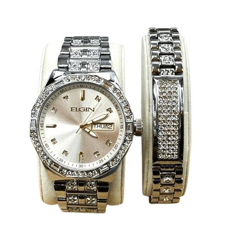 Elgin Men's Silver Watch & Matching Bracelet Set – Gold Markers | FG180016SST - Universal Jewelers & Watch Tools Inc.