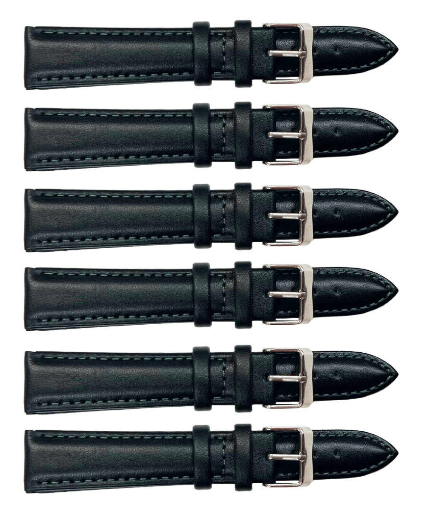 6PCS Black Leather Watch Band Sizes 8MM - 24MM Padded w/GREEN Stitches - Universal Jewelers & Watch Tools Inc.