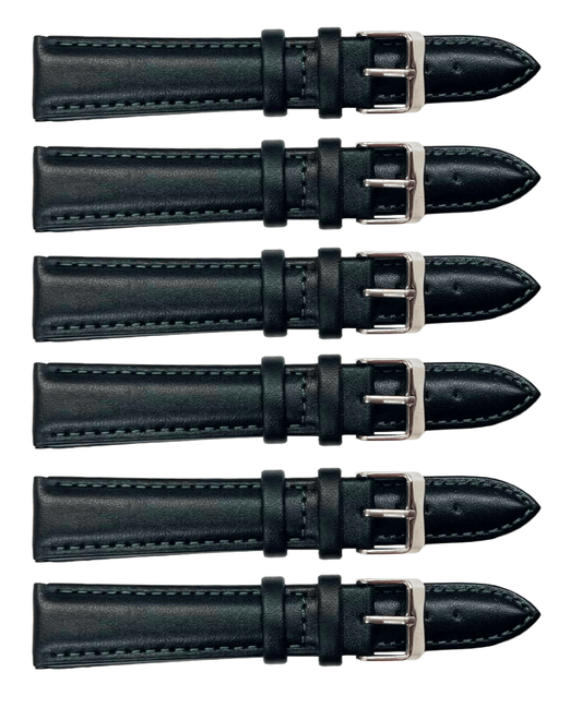 6PCS Black Leather Watch Band Sizes 8MM - 24MM Padded w/GREEN Stitches - Universal Jewelers & Watch Tools Inc.