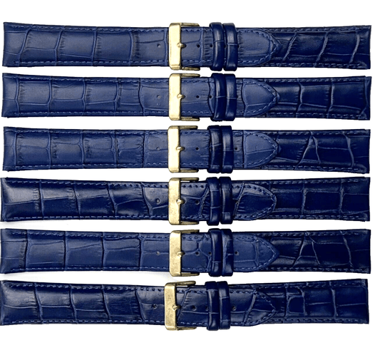 Lot of 6 Watch Band Blue Genuine Leather Alligator Grain Padded Stitched 22mmXXL - Universal Jewelers & Watch Tools Inc.