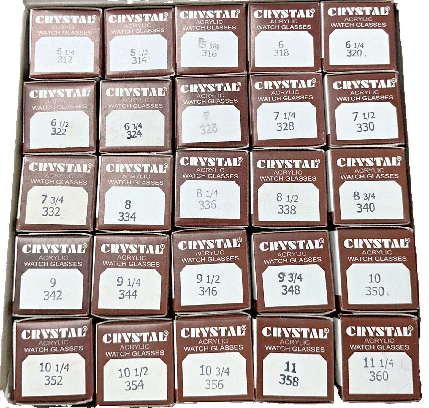 Assortment Watch Crystals, 250pcs Plastic Glasses, Low Dome 31.2mm to 36.0mm - Universal Jewelers & Watch Tools Inc.