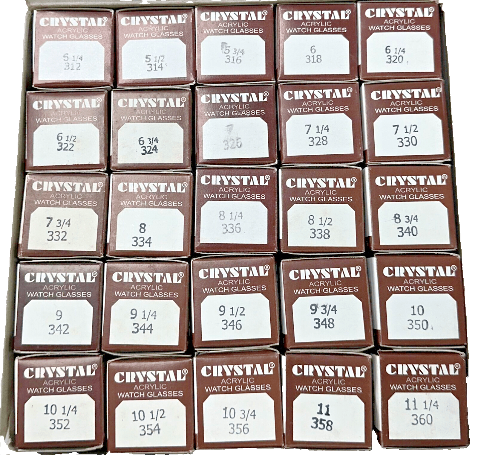 Assortment Watch Crystals, 250pcs Plastic Glasses, Low Dome 31.2mm to 36.0mm - Universal Jewelers & Watch Tools Inc.