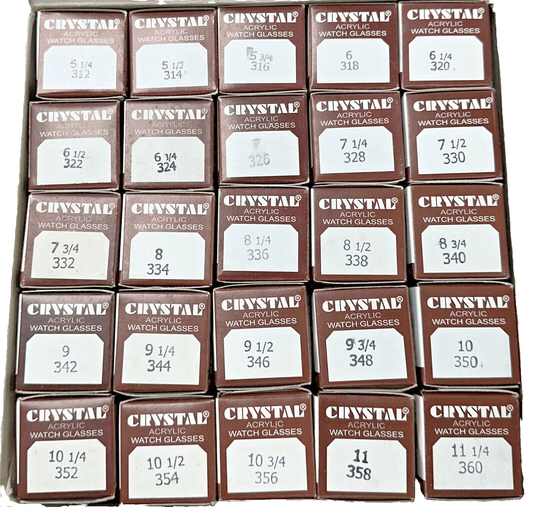 Assortment Watch Crystals, 250pcs Plastic Glasses, Low Dome 31.2mm to 36.0mm - Universal Jewelers & Watch Tools Inc.