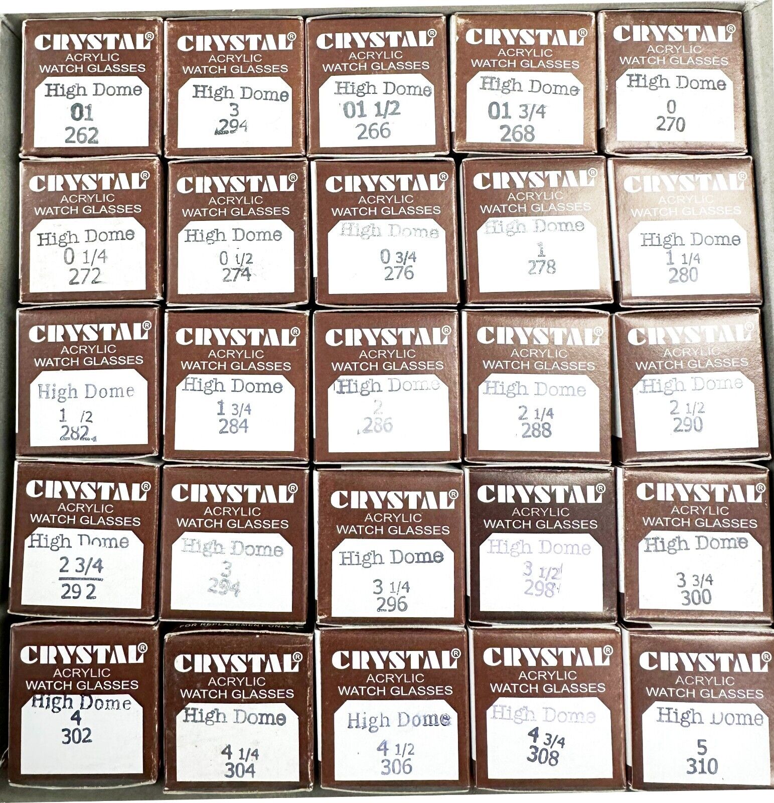 Assortment Watch Crystals, 250pcs Plastic Glasses, High Dome 26.2mm to 31.0mm - Universal Jewelers & Watch Tools Inc.