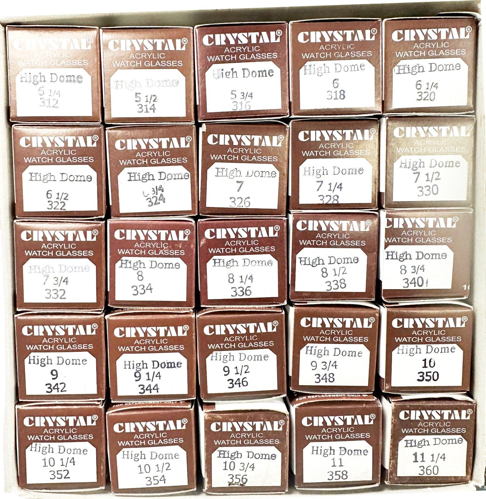 Assortment Watch Crystals, 250pcs Plastic Glasses, High Dome 31.2mm to 36.0mm - Universal Jewelers & Watch Tools Inc.