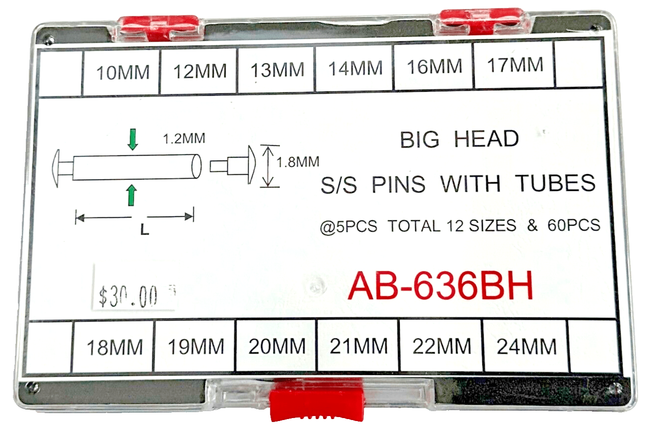 Assortment of Big Head Pins With Tubes For Watch Bracelet, Dia 1.2mm, AB - 636BH - Universal Jewelers & Watch Tools Inc.