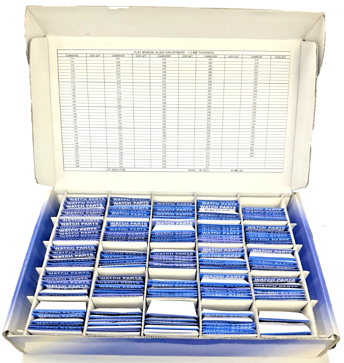 Assortment of Watch Mineral Glass Flat Crystals,Thickness 1.5mm, 17.0 to 35.0mm - Universal Jewelers & Watch Tools Inc.