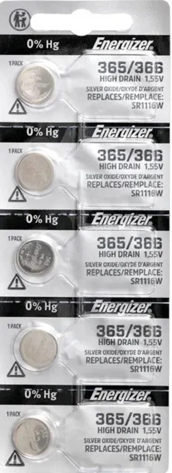 Energizer 365 /366 SR1116SW Silver Oxide Batteries 1.55V New Sealed (5 Pcs.)