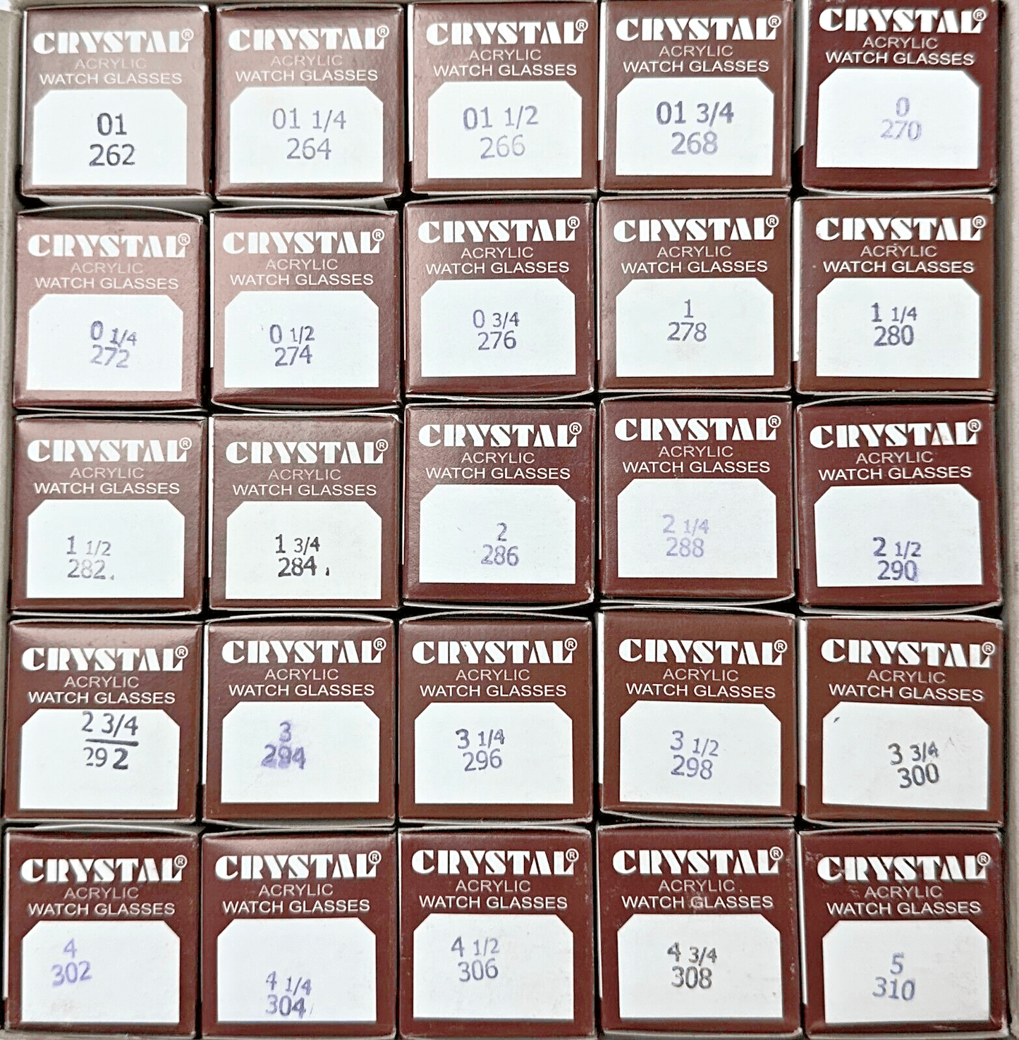 Assortment Watch Crystals, 250pcs Plastic Glasses, Low Dome 26.2mm to 31.0mm - Universal Jewelers & Watch Tools Inc.