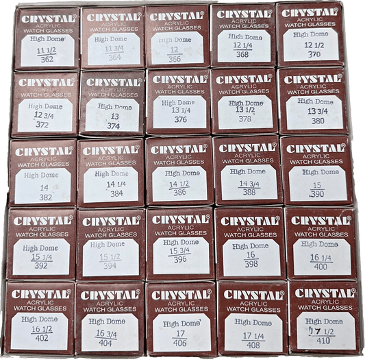 Assortment Watch Crystals, 250pcs Plastic Glasses, High Dome 36.2mm to 41.0mm - Universal Jewelers & Watch Tools Inc.